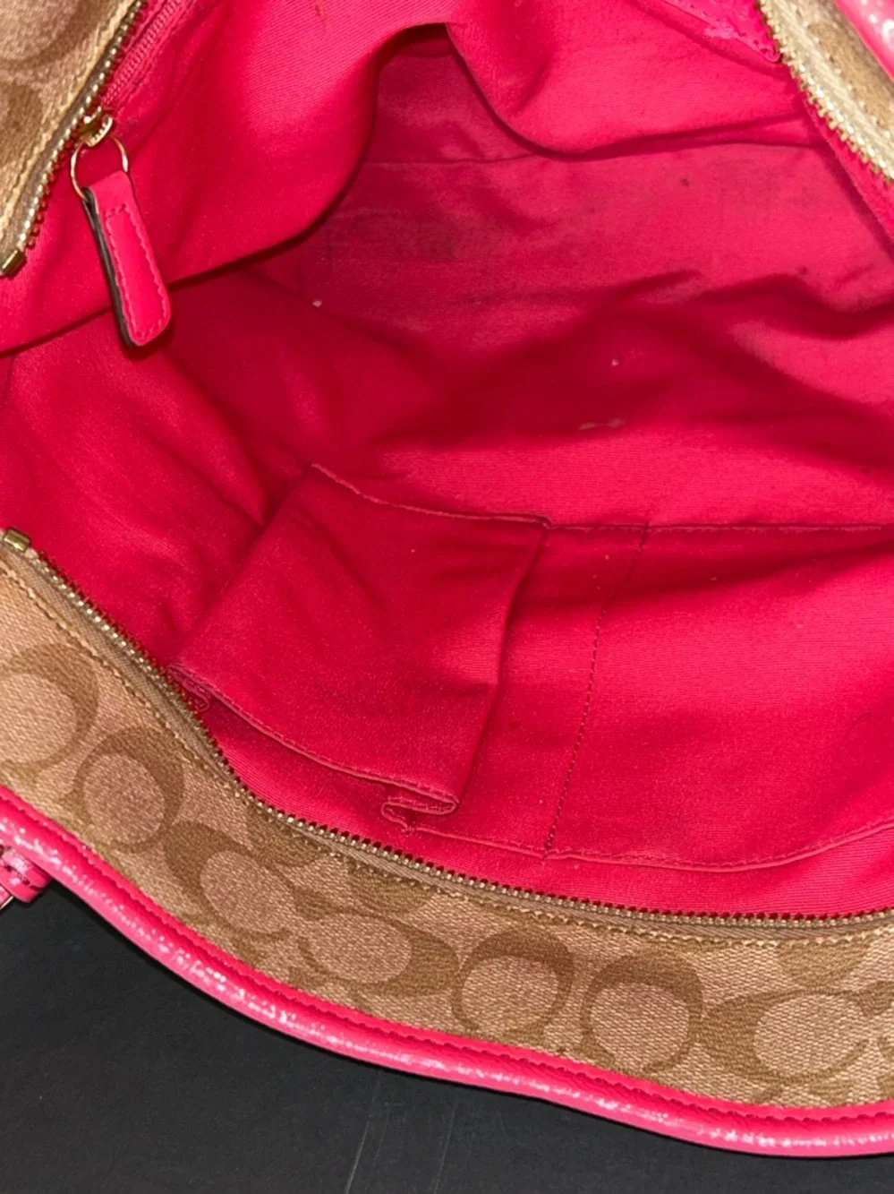 Coach Tan Signature Canvas Tote with Pink Trim and Handles